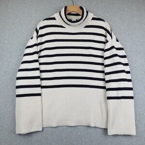 GAP Striped Turtleneck Sweater Cream Navy Long Sleeve Ribbed Knit Women Medium